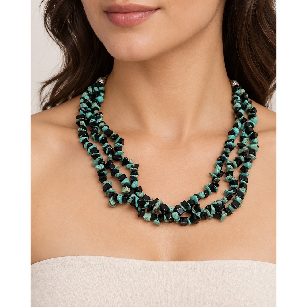 Turquoise Black Onyx Chip Necklace 18" 5 Strand Southwestern Statement